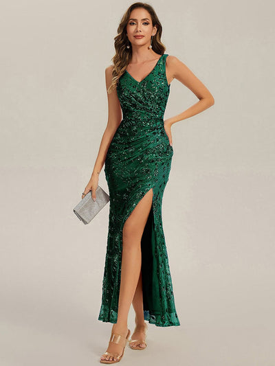 Knotted Sequin Sleeveless Evening Dress #color_Dark Green