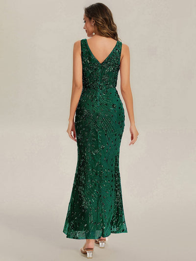 Knotted Sequin Sleeveless Evening Dress #color_Dark Green