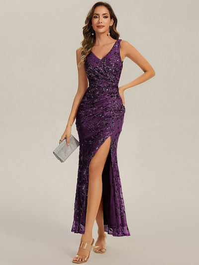 Knotted Sequin Sleeveless Evening Dress #color_Dark Purple