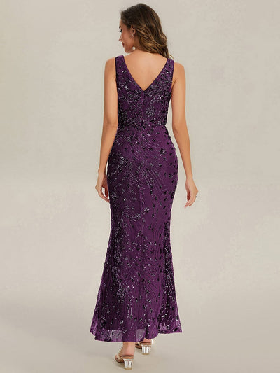 Knotted Sequin Sleeveless Evening Dress #color_Dark Purple