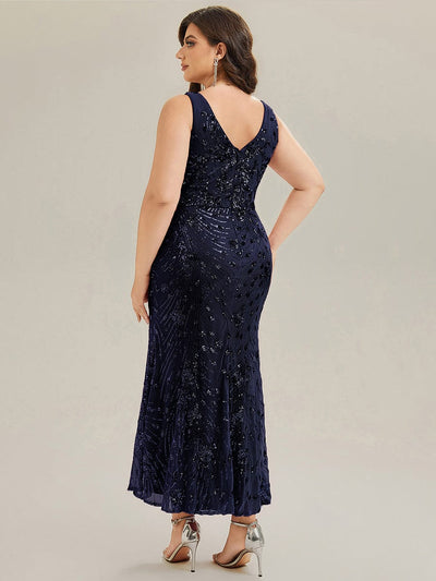 Knotted Sequin Sleeveless Evening Dress #color_Navy Blue