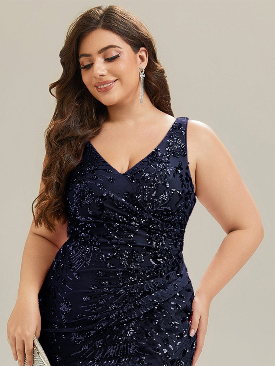 Knotted Sequin Sleeveless Evening Dress #color_Navy Blue