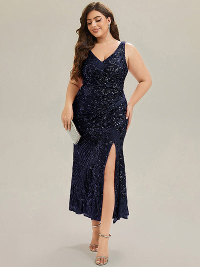 Knotted Sequin Sleeveless Evening Dress #color_Navy Blue