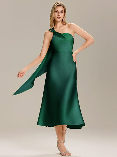 Gathered Satin Sleeveless Wedding Guest Dress #color_Dark Green