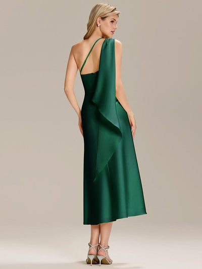 Gathered Satin Sleeveless Wedding Guest Dress #color_Dark Green