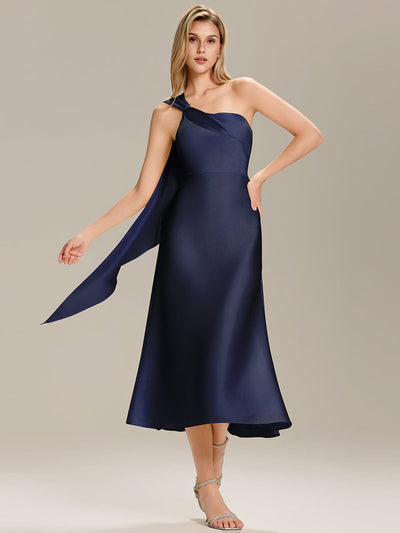 Gathered Satin Sleeveless Wedding Guest Dress #color_Navy Blue