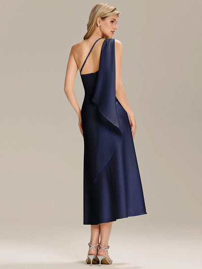 Gathered Satin Sleeveless Wedding Guest Dress #color_Navy Blue