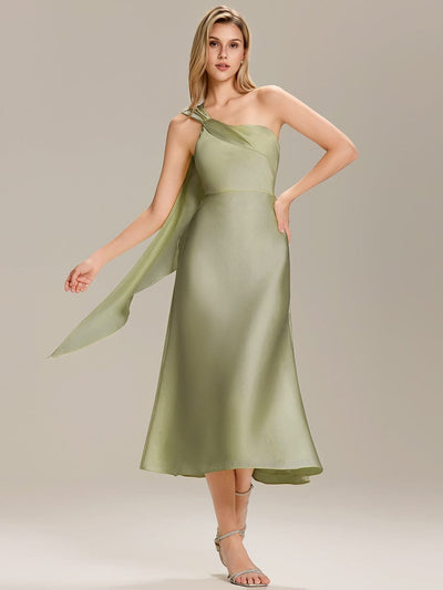 Gathered Satin Sleeveless Wedding Guest Dress #color_Sage Green