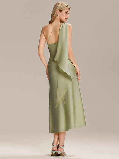Gathered Satin Sleeveless Wedding Guest Dress #color_Sage Green