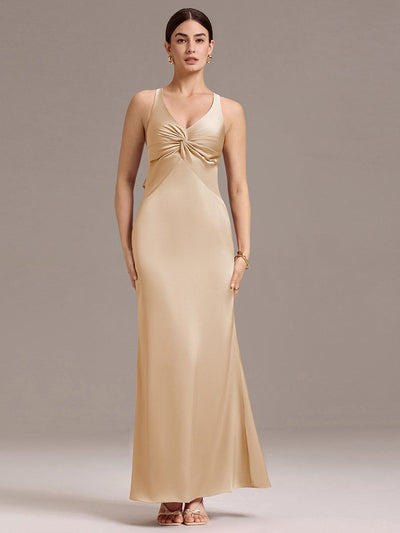 Knot Front Mermaid Cross Back Bow Tie Satin Maxi Bridesmaid Dress #color_Champagne