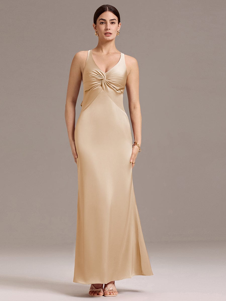 Knot Front Mermaid Cross Back Bow Tie Satin Maxi Bridesmaid Dress #color_Champagne