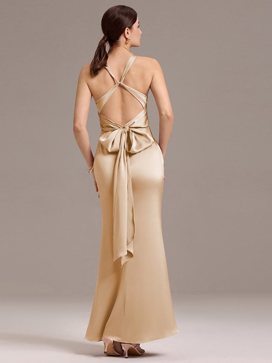 Knot Front Mermaid Cross Back Bow Tie Satin Maxi Bridesmaid Dress #color_Champagne