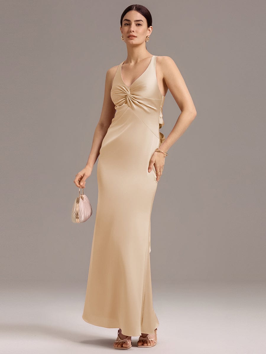 Knot Front Mermaid Cross Back Bow Tie Satin Maxi Bridesmaid Dress #color_Champagne