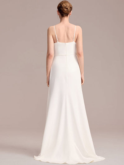 Sleeveless Fishtail Deep V-Neck Embroidered Wedding Dress with Ribbons #color_White
