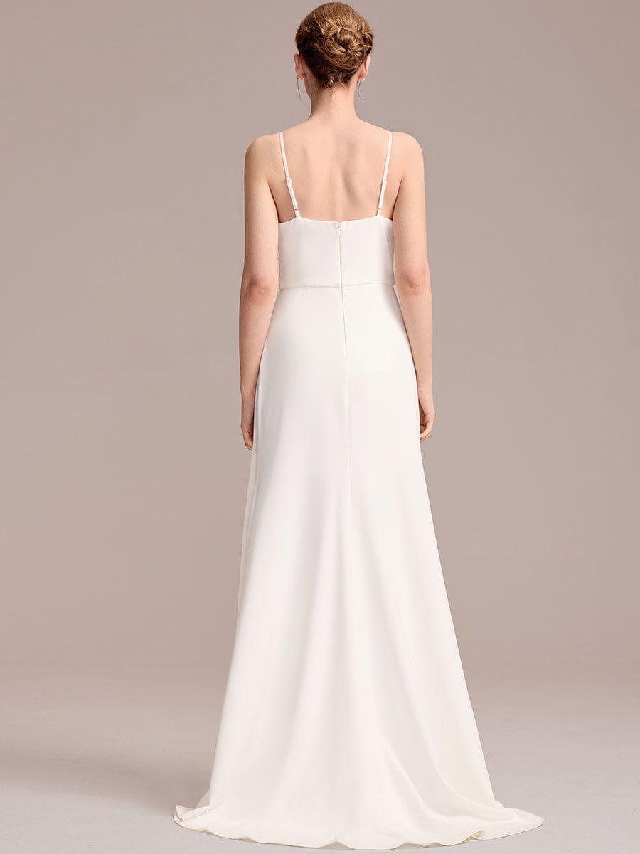 Sleeveless Fishtail Deep V-Neck Embroidered Wedding Dress with Ribbons #color_White