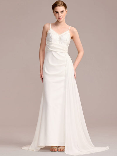 Sleeveless Fishtail Deep V-Neck Embroidered Wedding Dress with Ribbons #color_White