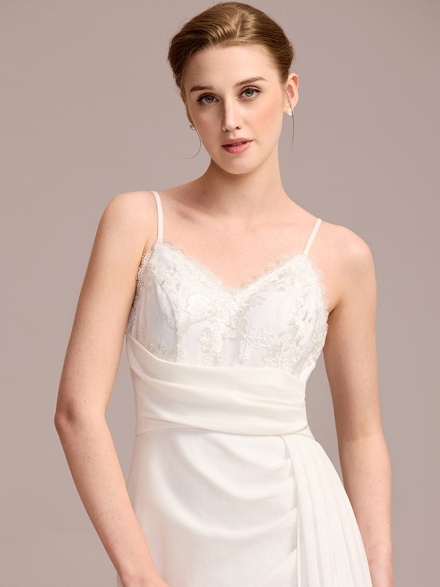 Sleeveless Fishtail Deep V-Neck Embroidered Wedding Dress with Ribbons #color_White