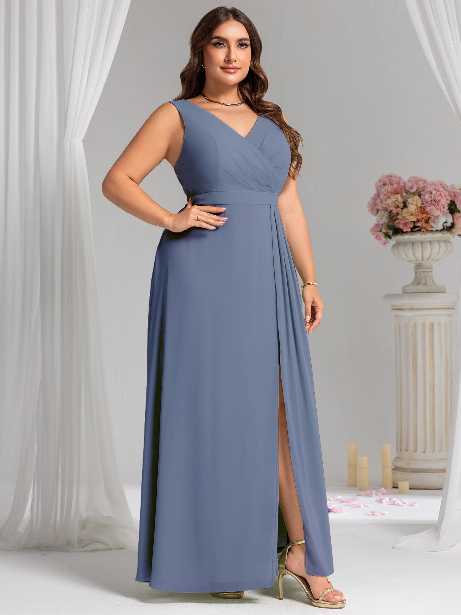Elegant Side Slit Bridesmaid Dress #color_Dusty Blue
