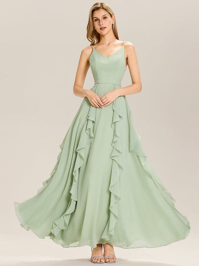 A-Line V-Neck Ruffles Chiffon Bridesmaid Dress #color_Mint Green