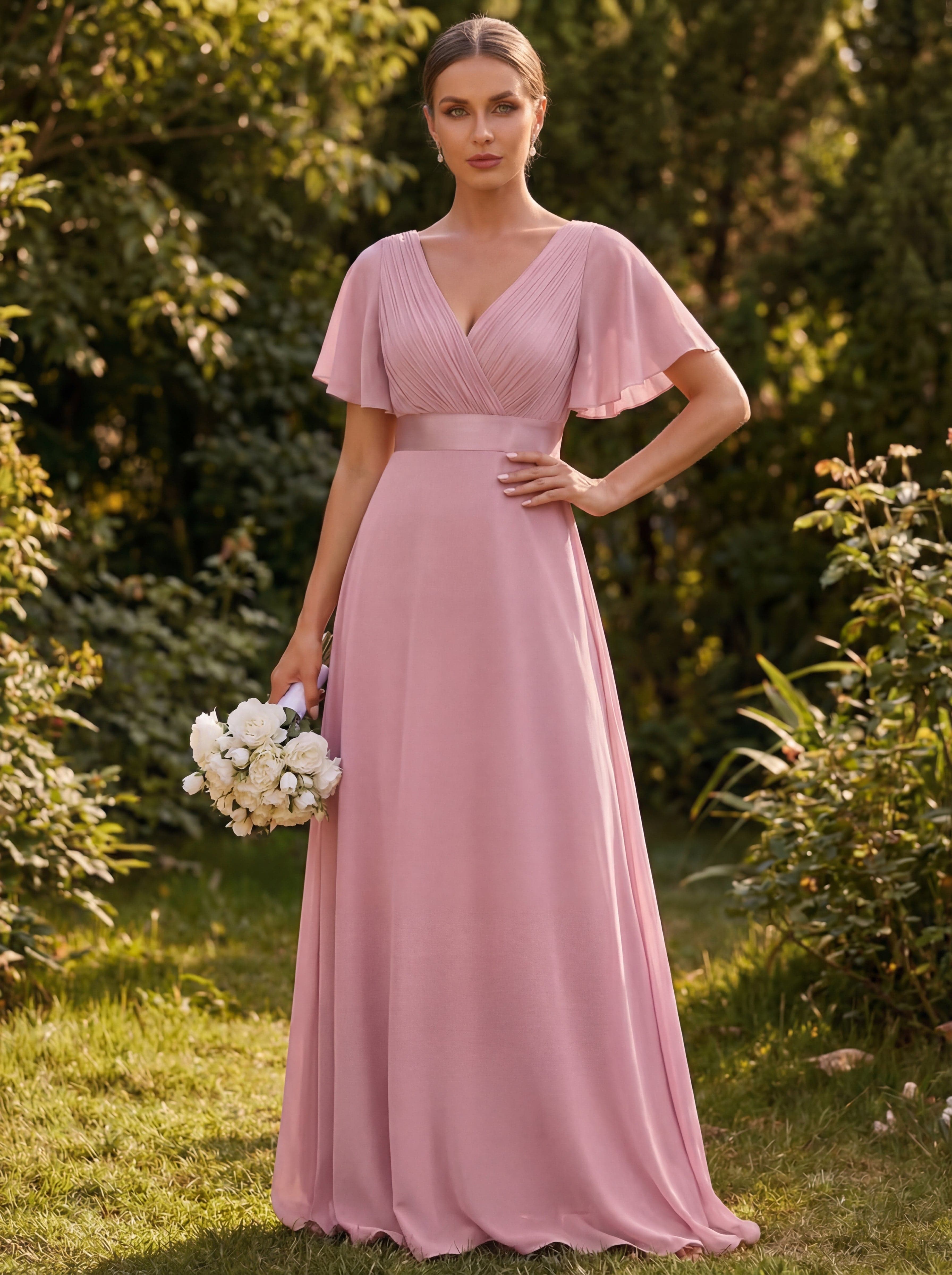 Empire Waist Floor Length Bridesmaid Dress with Short Flutter Sleeves #color_Dusty Rose