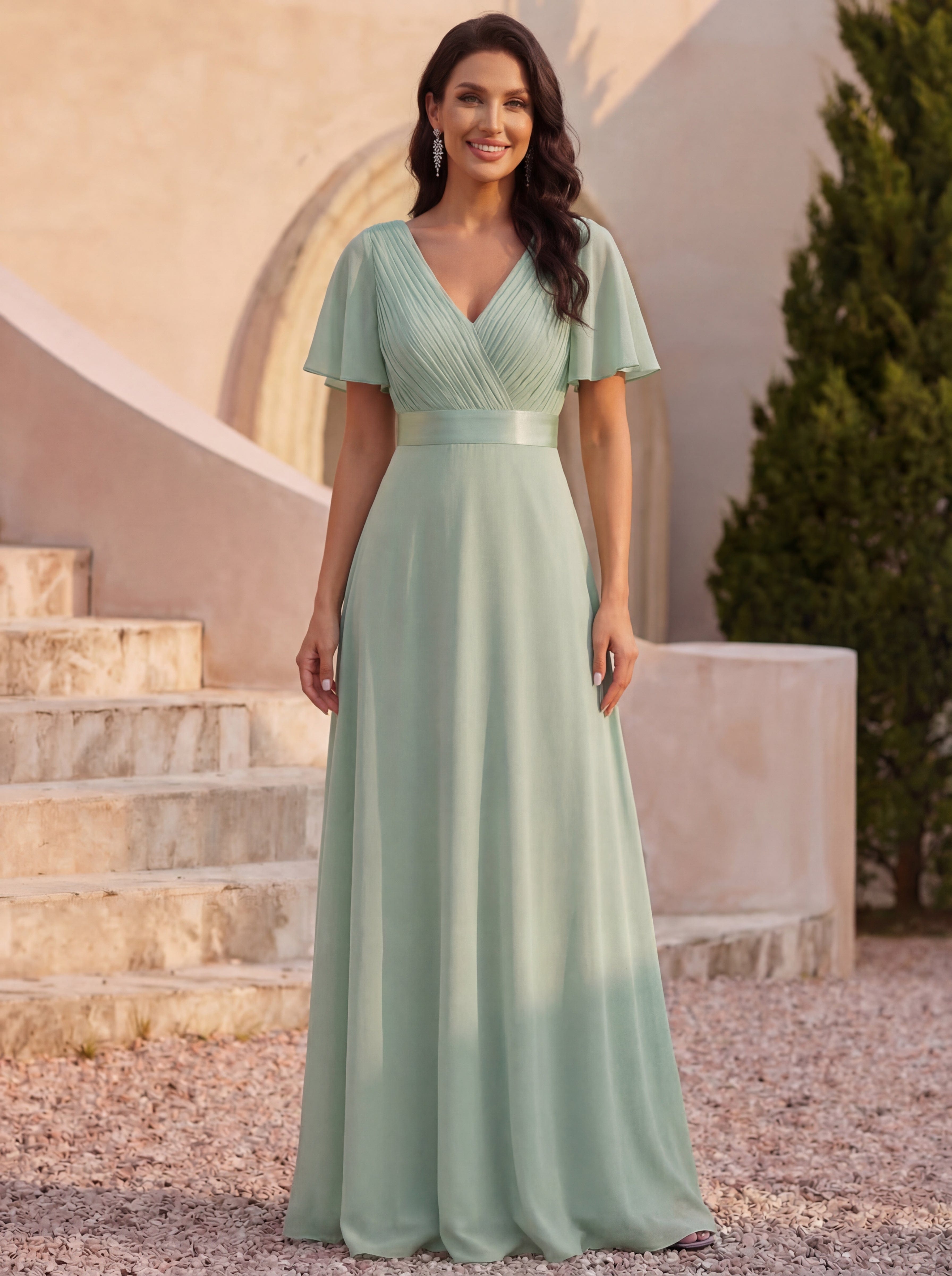 Long Empire Waist Bridesmaid Dress with Short Flutter Sleeves #color_Mint Green