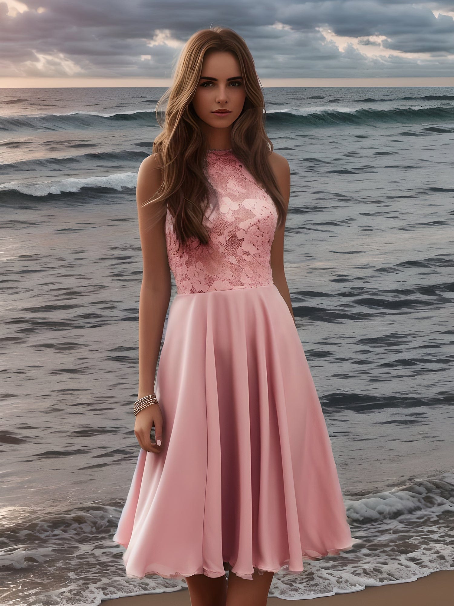 Lace Halter Neck Backless A-Line Chiffon Short Dress #color_Pink