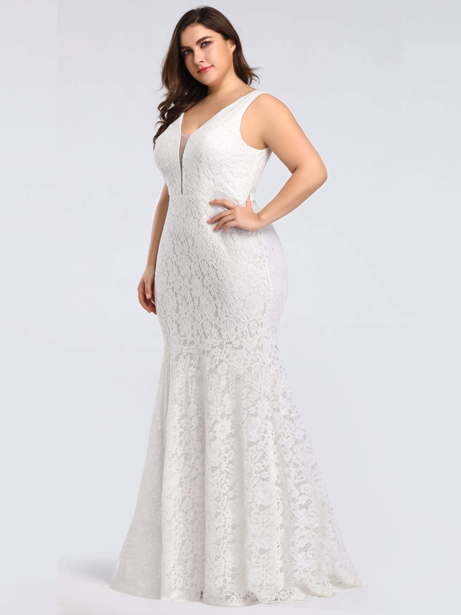 Plus Size V Back Lace Mermaid Evening Dress #color_White