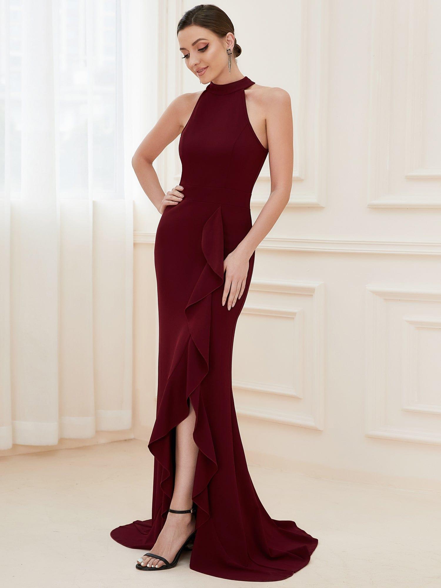 Halter Neck Sleeveless Side Slit Evening Dress