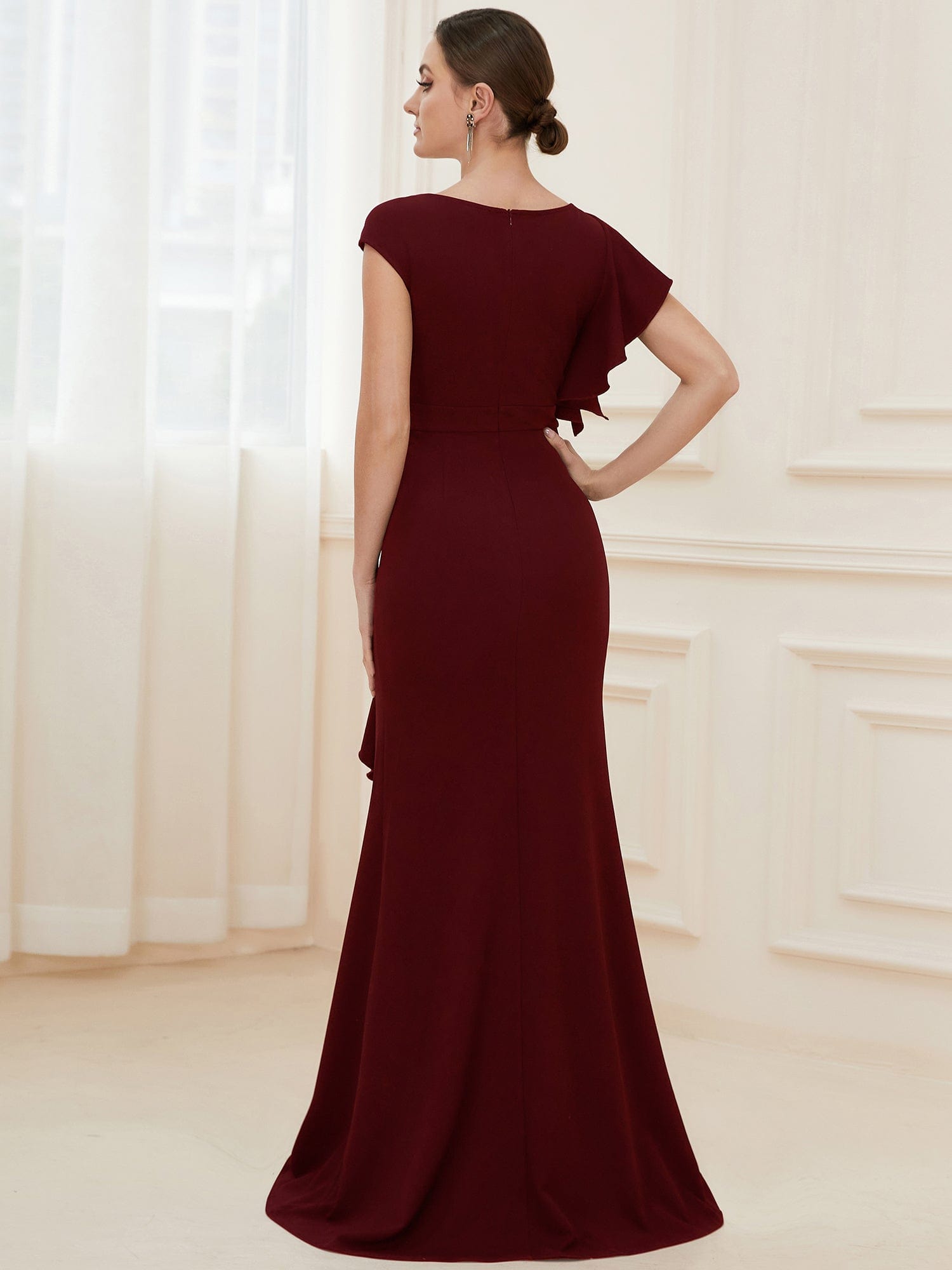 Elegant Cap Sleeve Side Slit Evening Gown with Ruffles #COLOR_Burgundy
