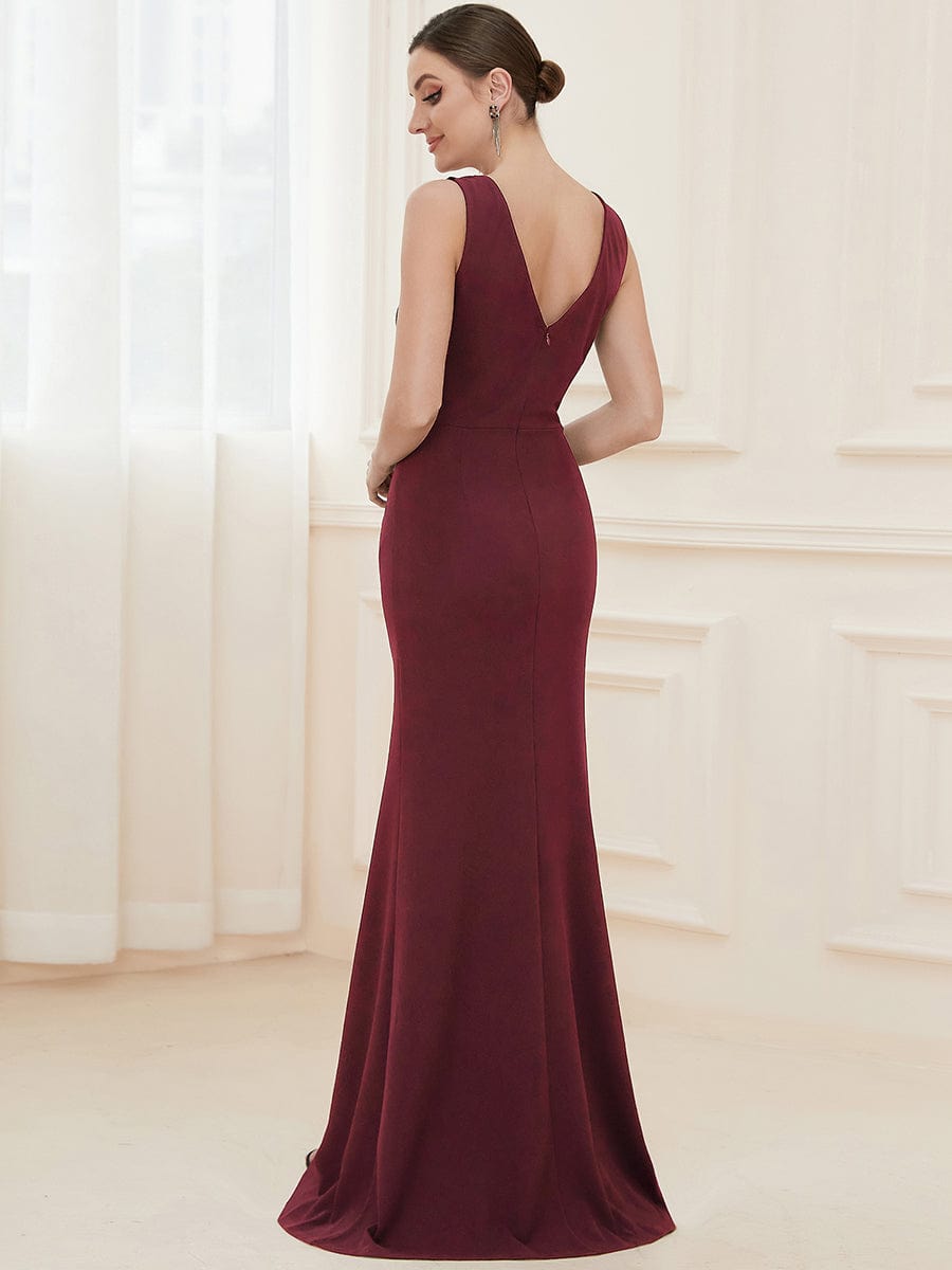 Color=Burgundy | High Front Slit Wrap Waist High Front Slit Knit Evening Dress-Burgundy 2
