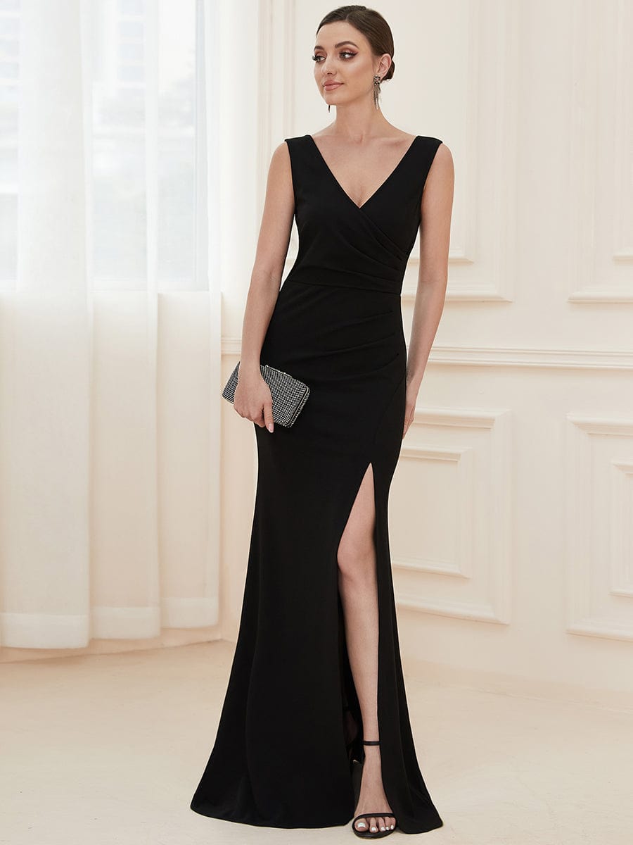 Knit Sleeveless V-Neck Wrap Waist High Front Slit Evening Dress - Ever ...