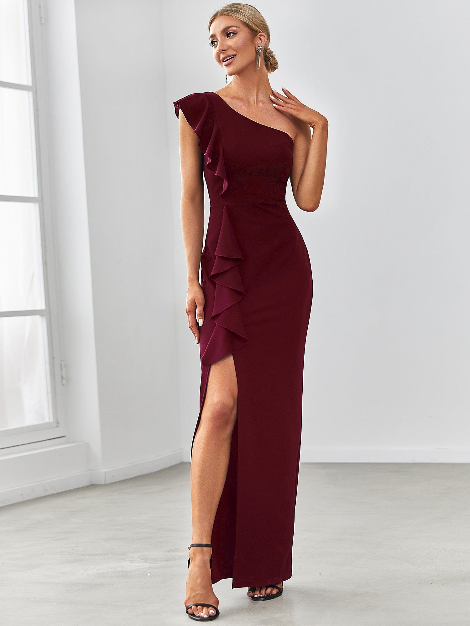 Elegant One Shoulder Slit High Stretch Evening Dress with Ruffles #COLOR_Burgundy