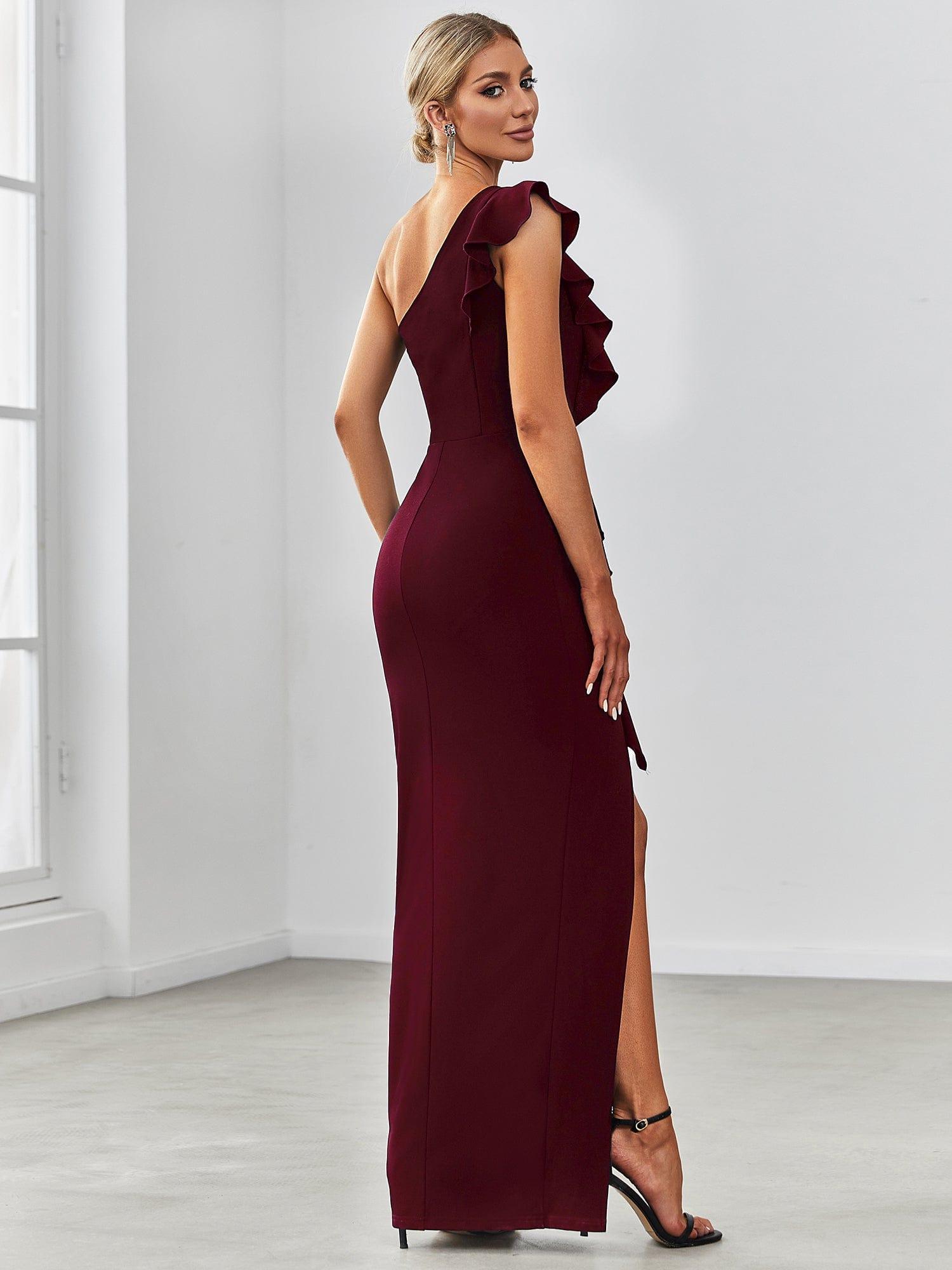 Elegant One Shoulder Slit High Stretch Evening Dress with Ruffles #COLOR_Burgundy