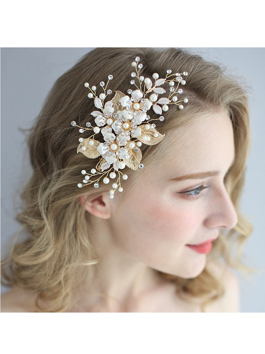 Elegant Floral and Pearl Bridal Hairpin  #color_Gold