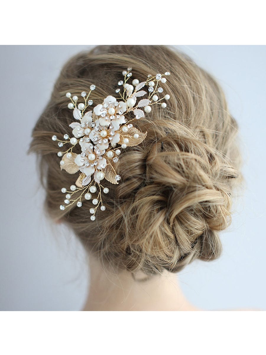 Elegant Floral and Pearl Bridal Hairpin  #color_Gold