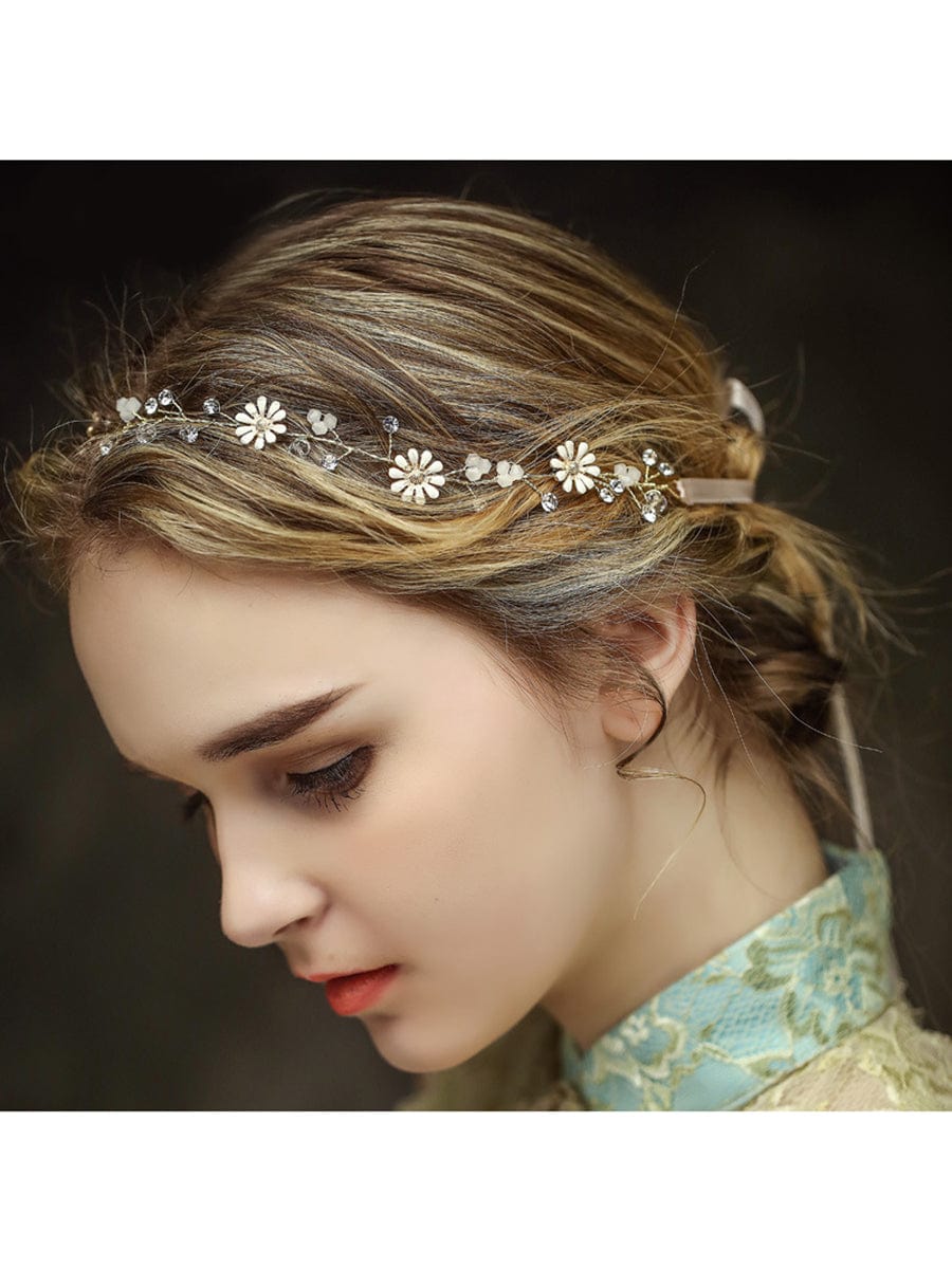 Elegant Daisy and Crystal Hair Vine #color_Gold