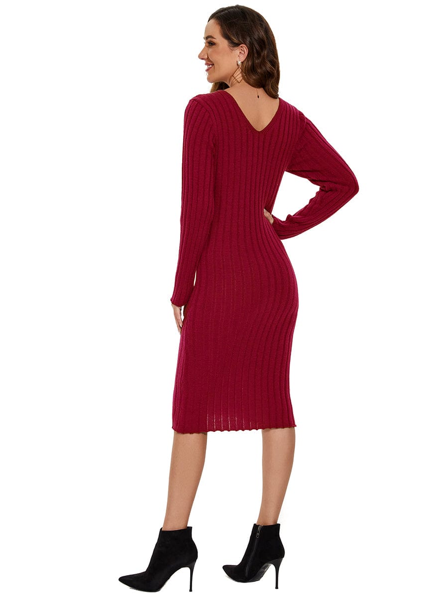 Knitted Long Sleeve V-Neck Bodycon Sweater Dress #color_Burgundy