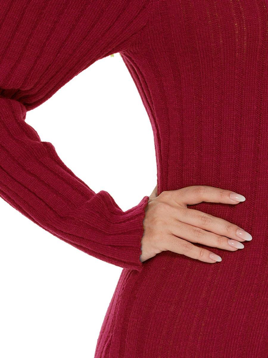 Knitted Long Sleeve V-Neck Bodycon Sweater Dress #color_Burgundy