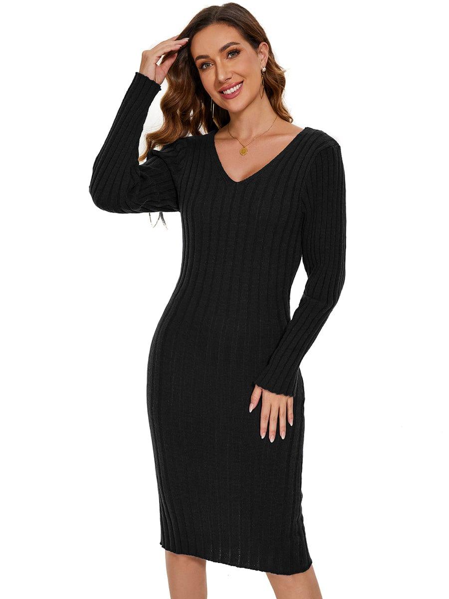 Knitted Long Sleeve V-Neck Bodycon Sweater Dress #color_Black