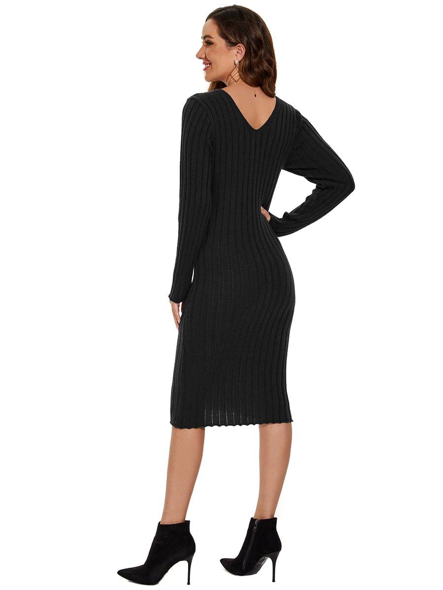 Knitted Long Sleeve V-Neck Bodycon Sweater Dress #color_Black