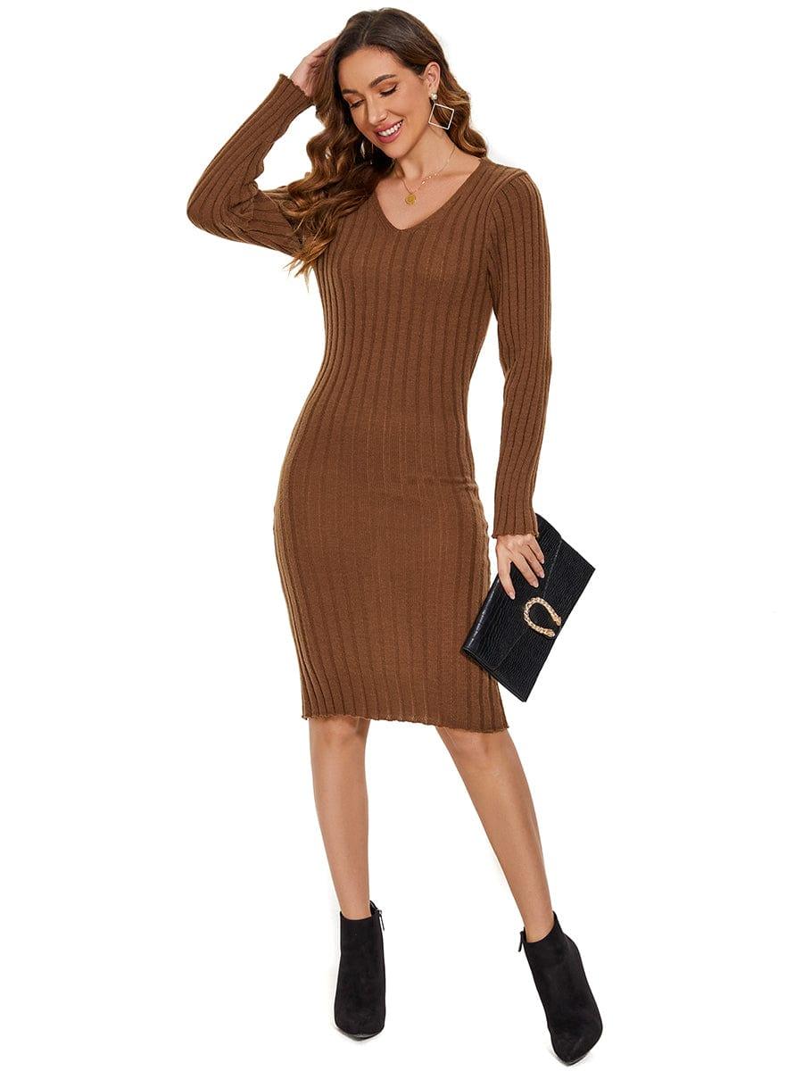 Knitted Long Sleeve V-Neck Bodycon Sweater Dress #color_Brown