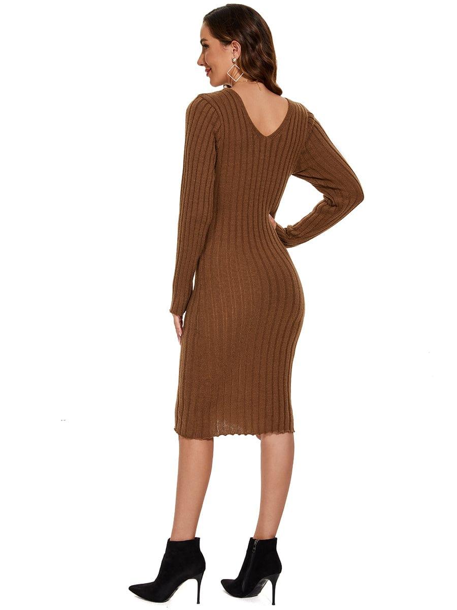 Knitted Long Sleeve V-Neck Bodycon Sweater Dress #color_Brown