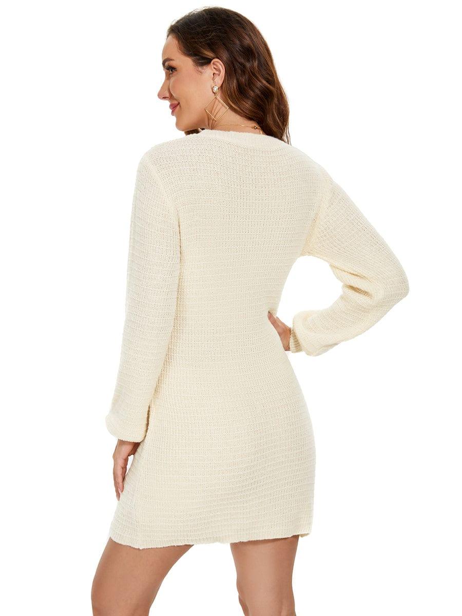 Ribbed Knit Tie Waist Long Sleeve Sweater Dress #color_Beige