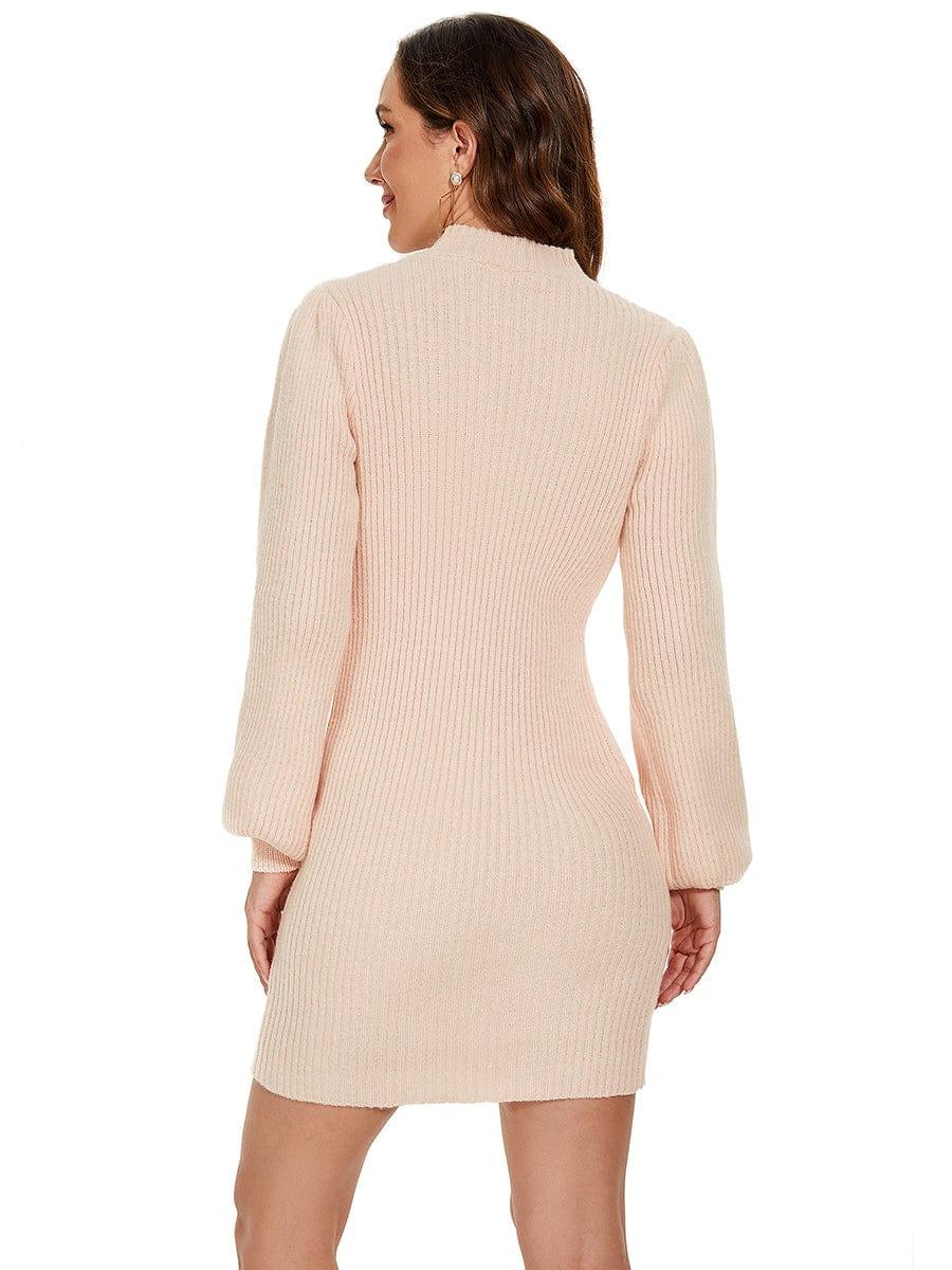 Ribbed Knit Long Lantern Sleeve Bodycon Sweater Dress #color_Beige