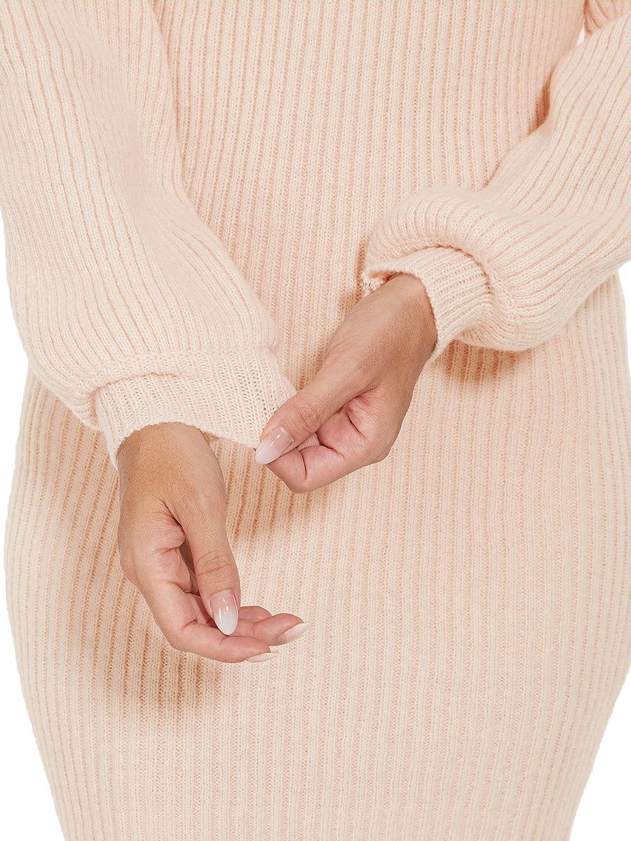 Ribbed Knit Long Lantern Sleeve Bodycon Sweater Dress #color_Beige