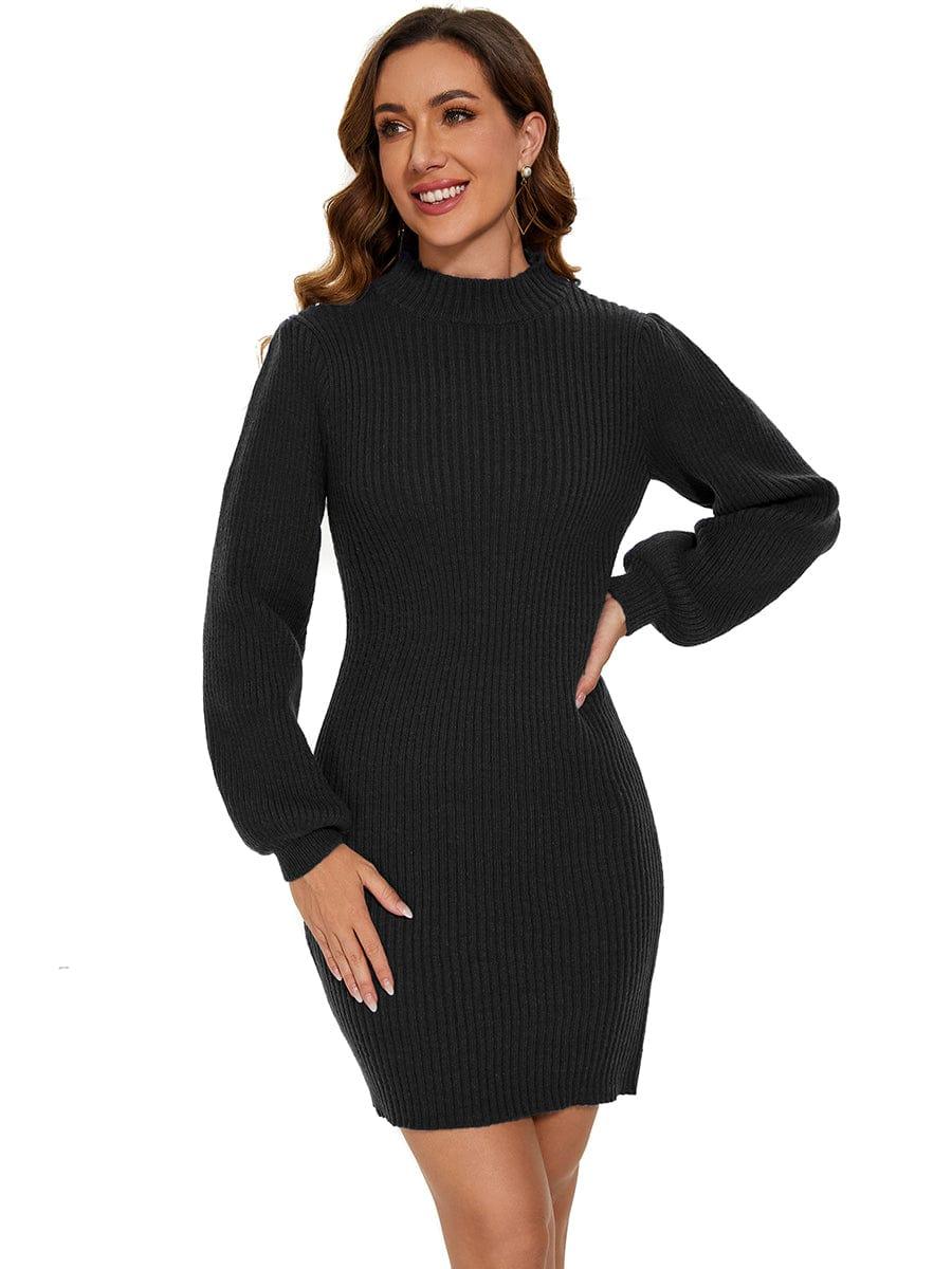 Ribbed Knit Long Lantern Sleeve Bodycon Sweater Dress #color_Black