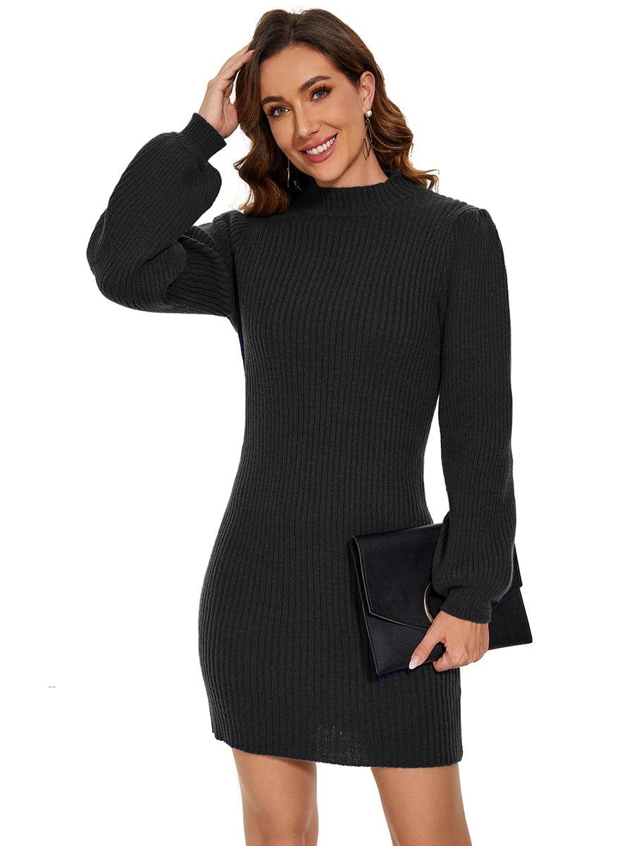 Ribbed Knit Long Lantern Sleeve Bodycon Sweater Dress #color_Black