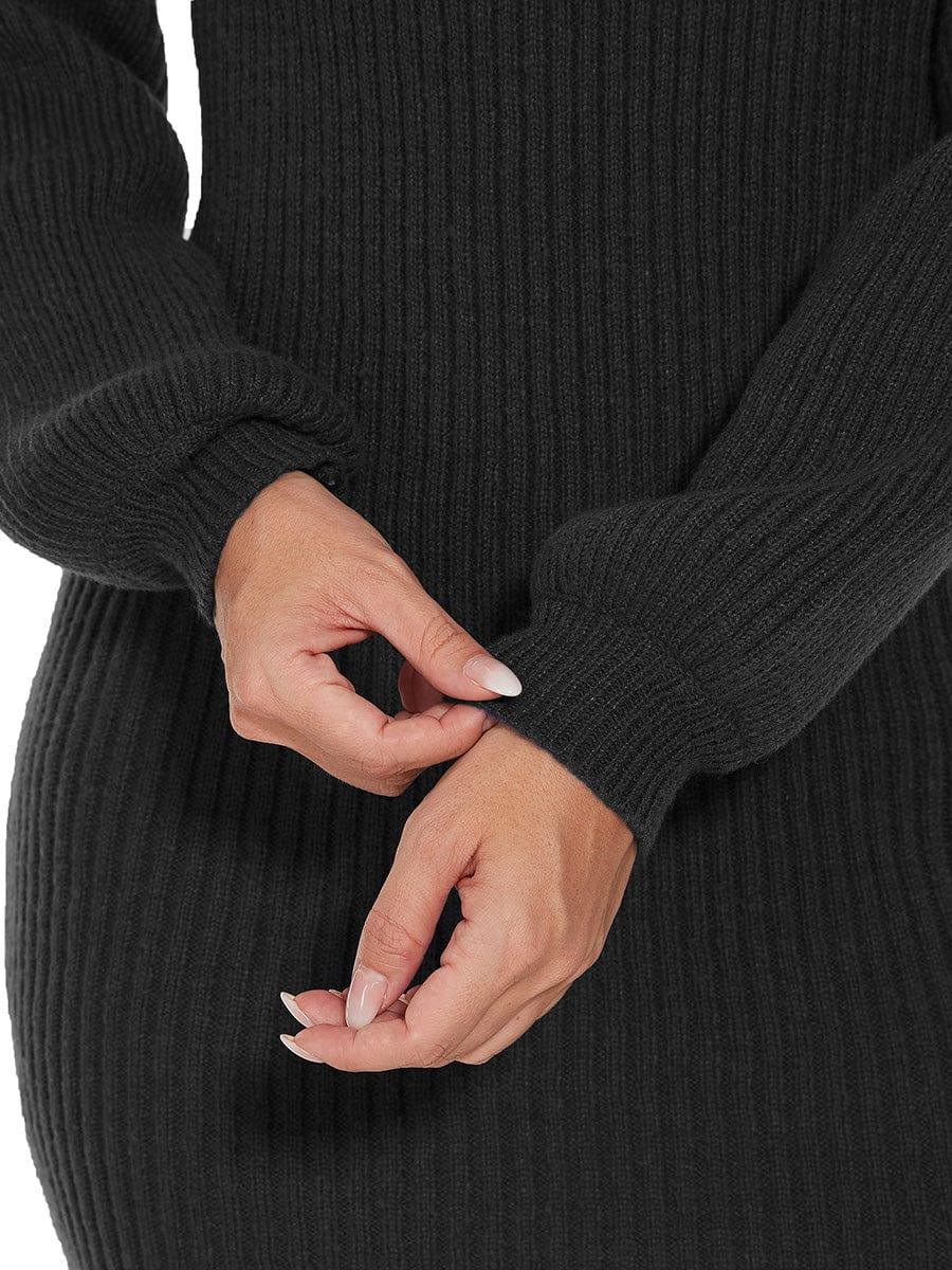 Ribbed Knit Long Lantern Sleeve Bodycon Sweater Dress #color_Black