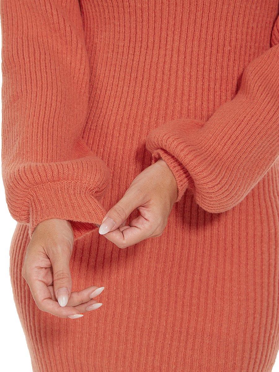 Ribbed Knit Long Lantern Sleeve Bodycon Sweater Dress #color_Burnt Orange