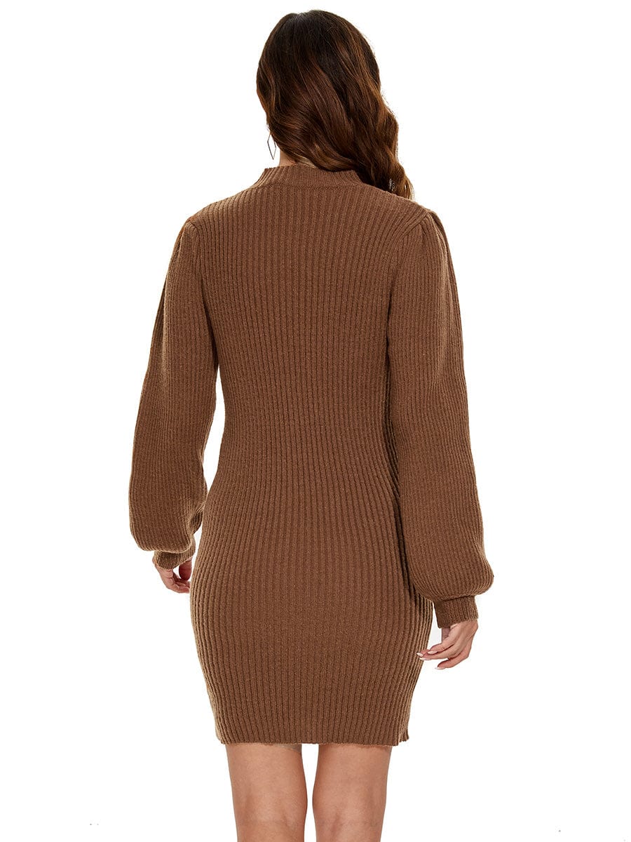 Ribbed Knit Long Lantern Sleeve Bodycon Sweater Dress #color_Brown